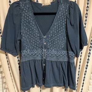 Lucky Brand Navy Embroidered Blouse